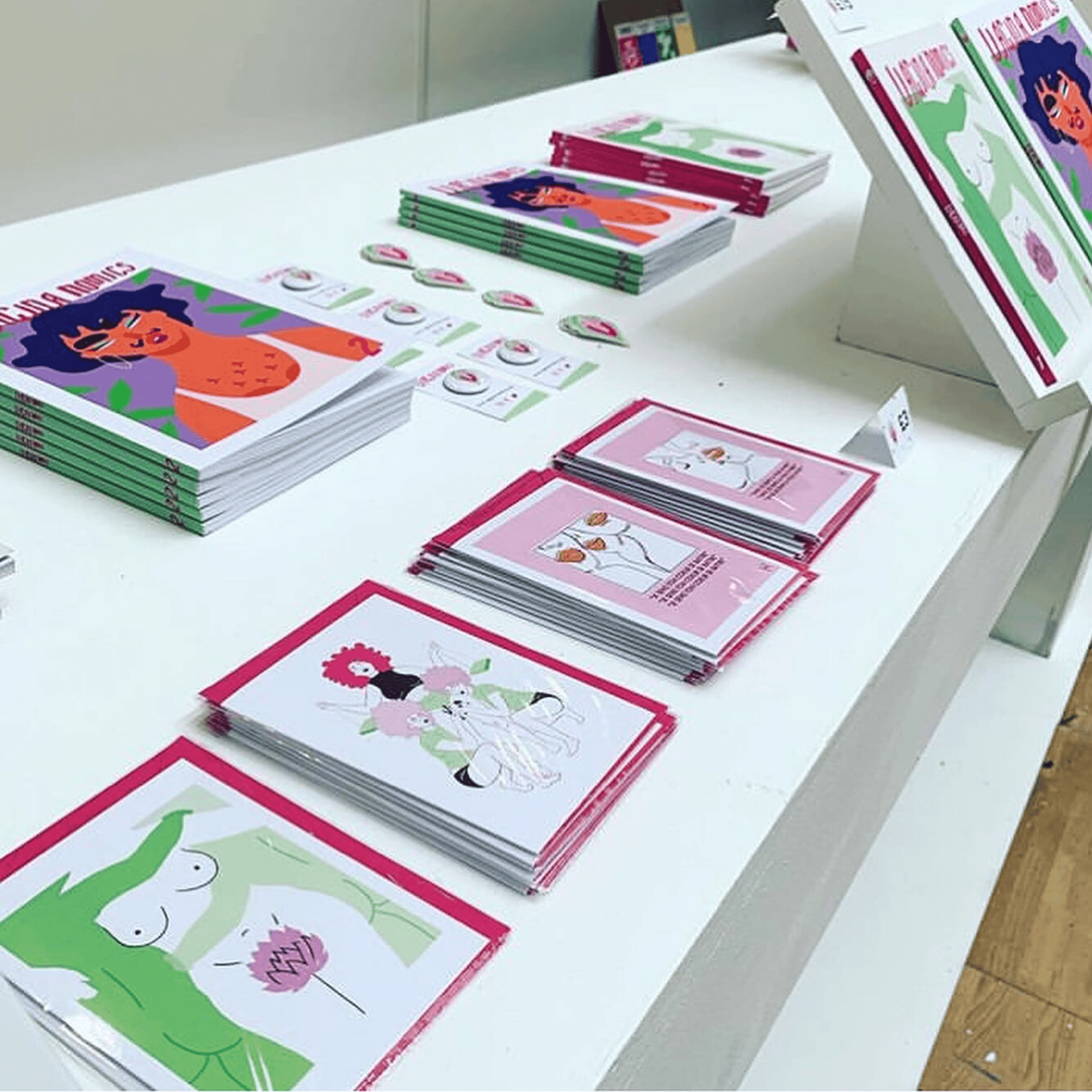 White table with colourful zines on women’s health, Vagina-nomics, playful greetings cards, and stickers in neat rows.