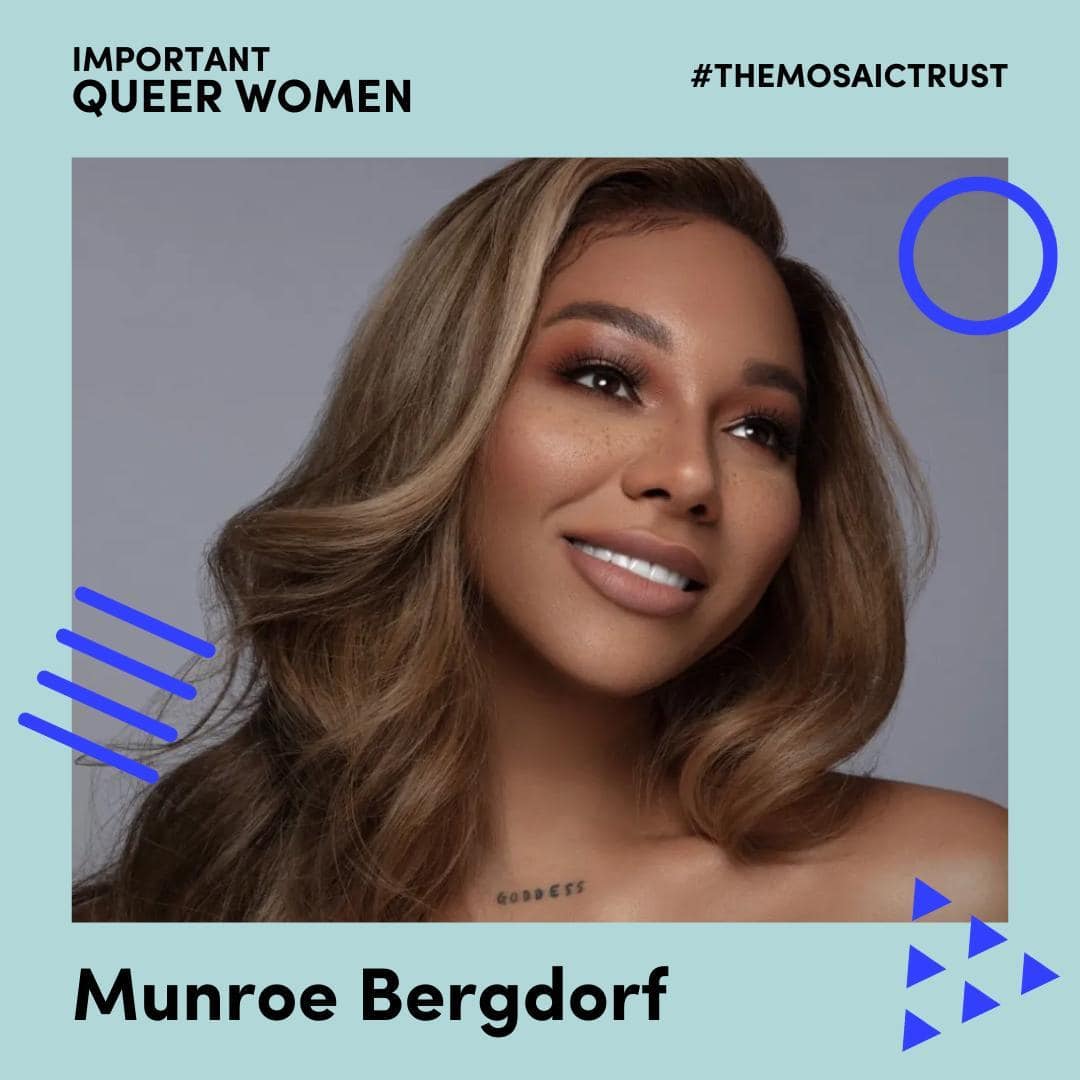Digital content for the Mosaic Trust. Picture of Munroe Bergdorf with a title 'IMPORTANT QUEER WOMAN #themosaictrust.'.