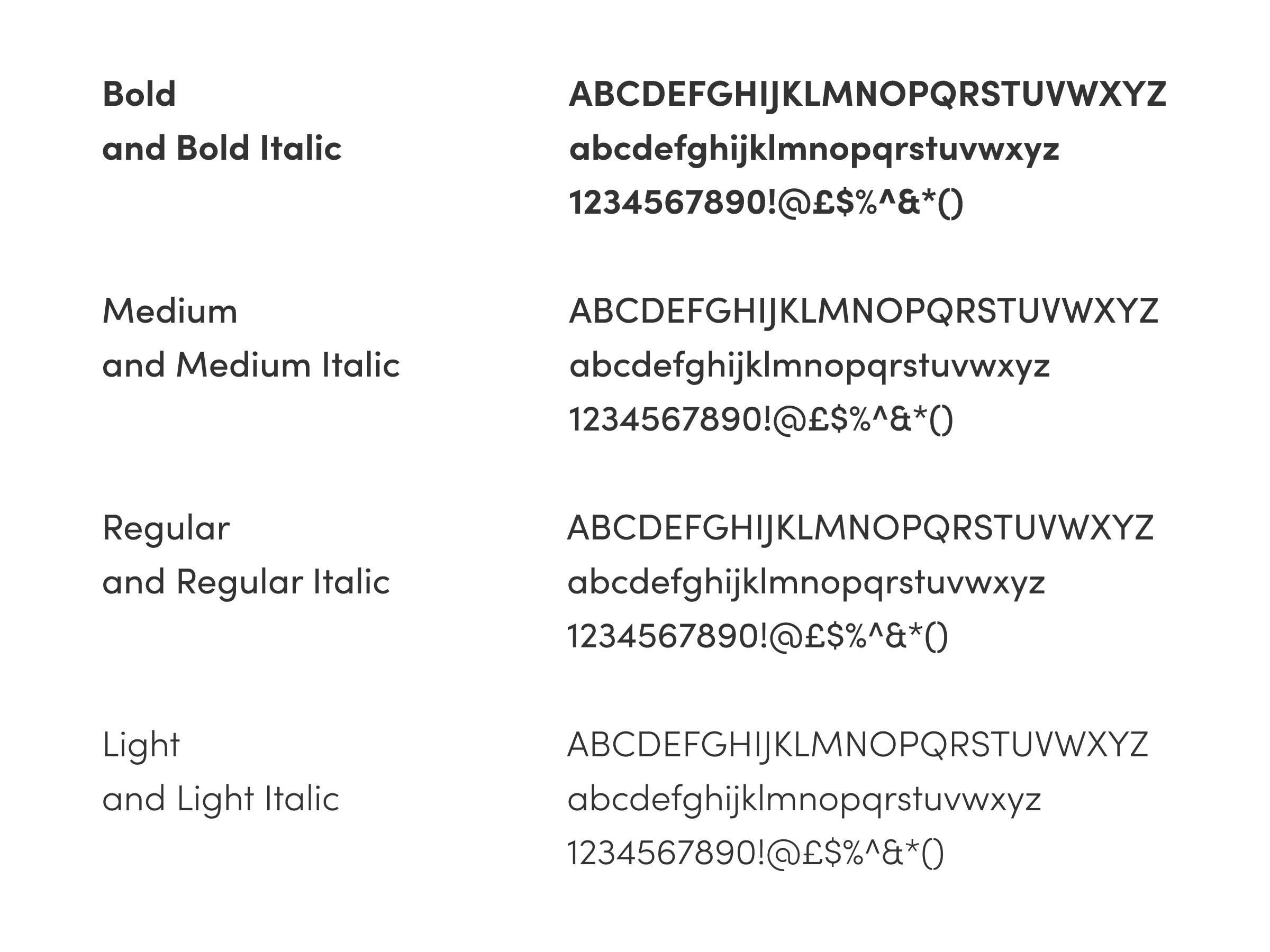 Character display for Mosaic Trust' fonts, Sofia Pro in Bold, Medium, Regular and Light