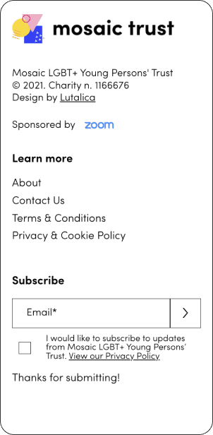Footer of Mosaic LGBT+ Young Persons' Trust website on mobile
