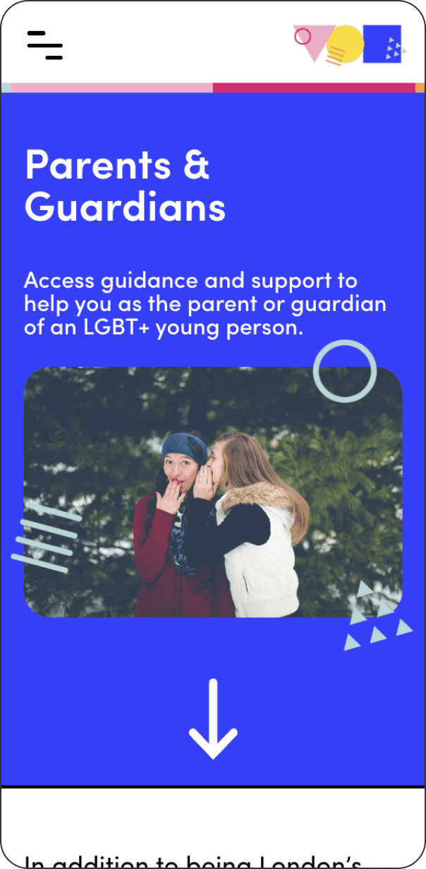 Parents and guardian page of Mosaic LGBT+ Young Persons' Trust website on mobile