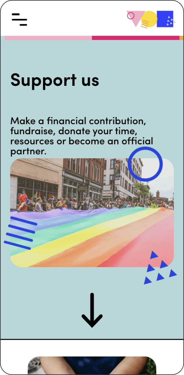 Support us page of Mosaic LGBT+ Young Persons' Trust website on mobile