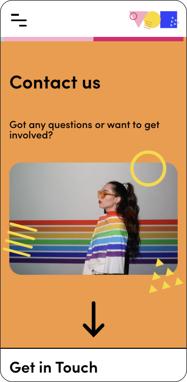 Contact page of Mosaic LGBT+ Young Persons' Trust website on mobile