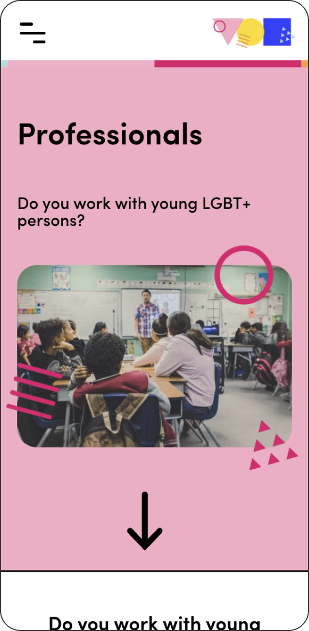 Professionals page of Mosaic LGBT+ Young Persons' Trust website on mobile