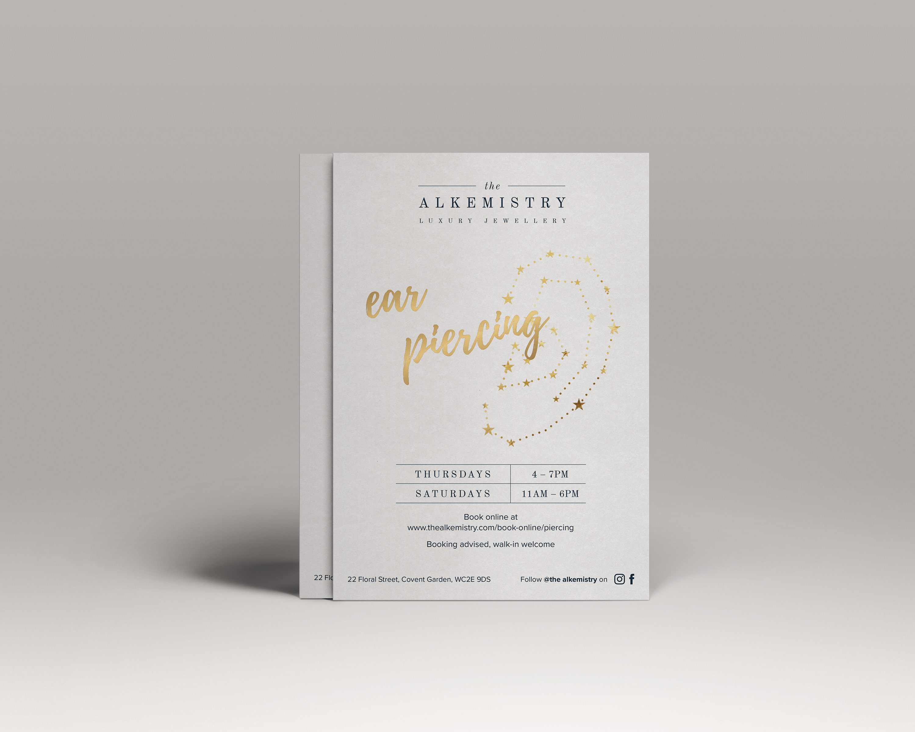 The Alkemistry leaflet with an ear illustration and the text "ear piercing" on it.