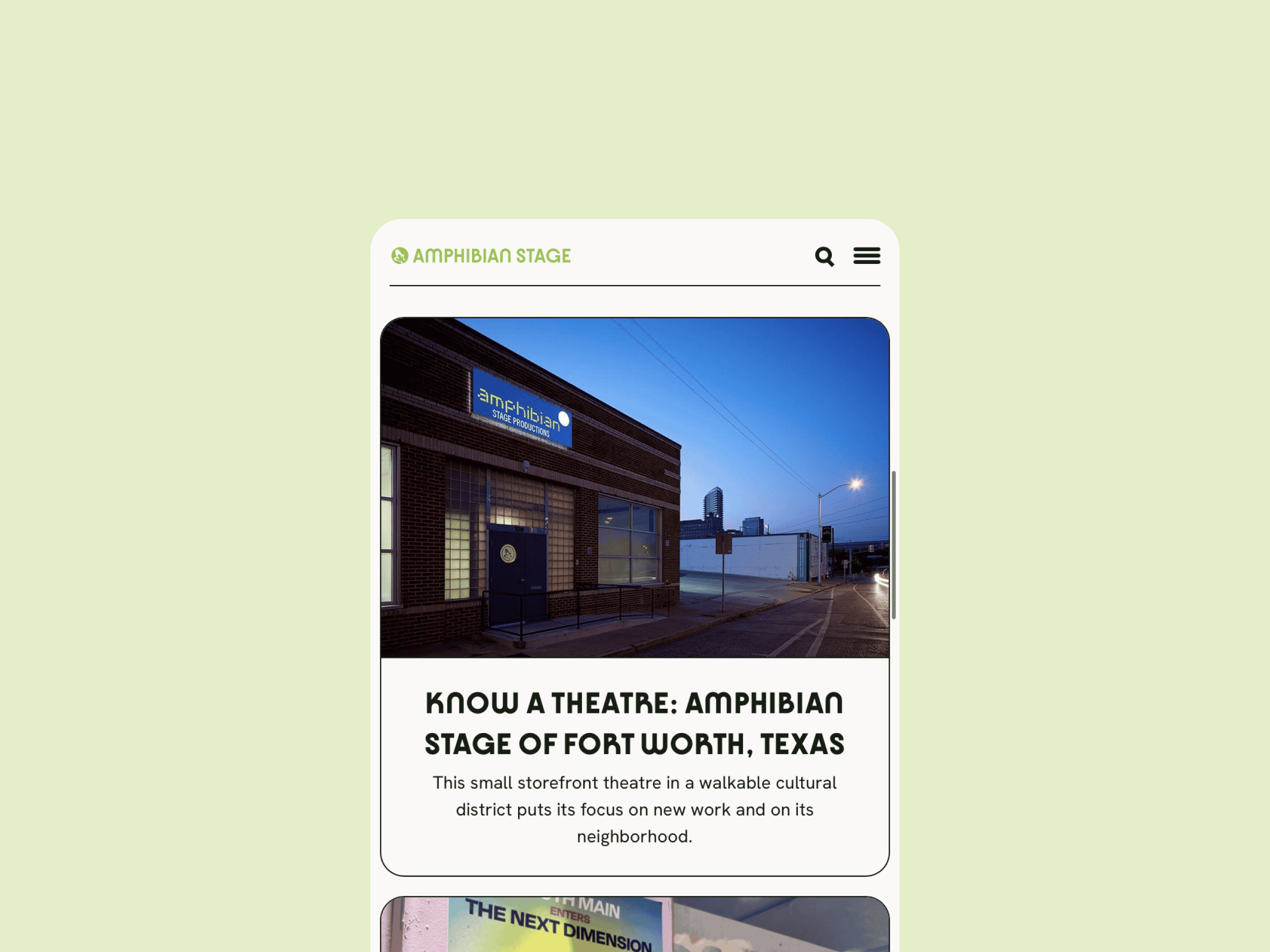 Mobile screen shows Amphibian Stage website, with a dusk photo of the Fort Worth theatre and welcoming headline for visitors.