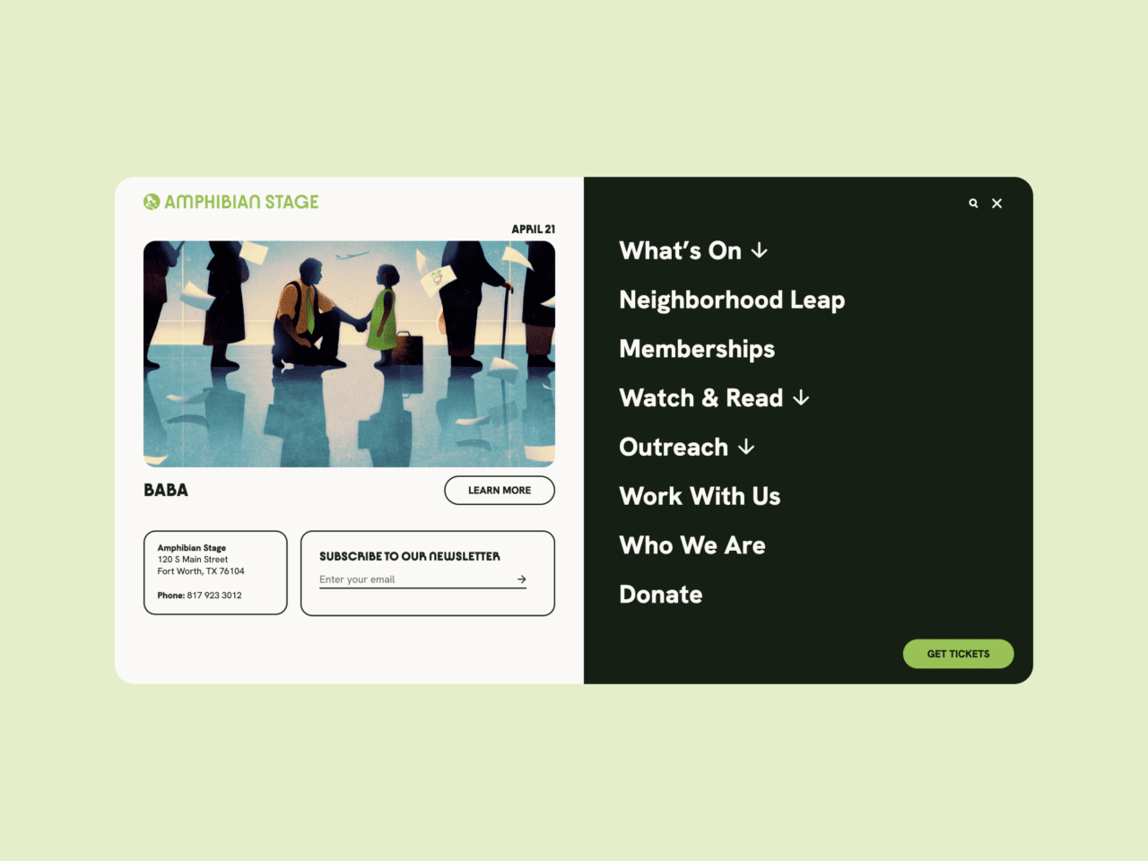 Mega menu navigation design for Amphibian Stage theatre website on desktop