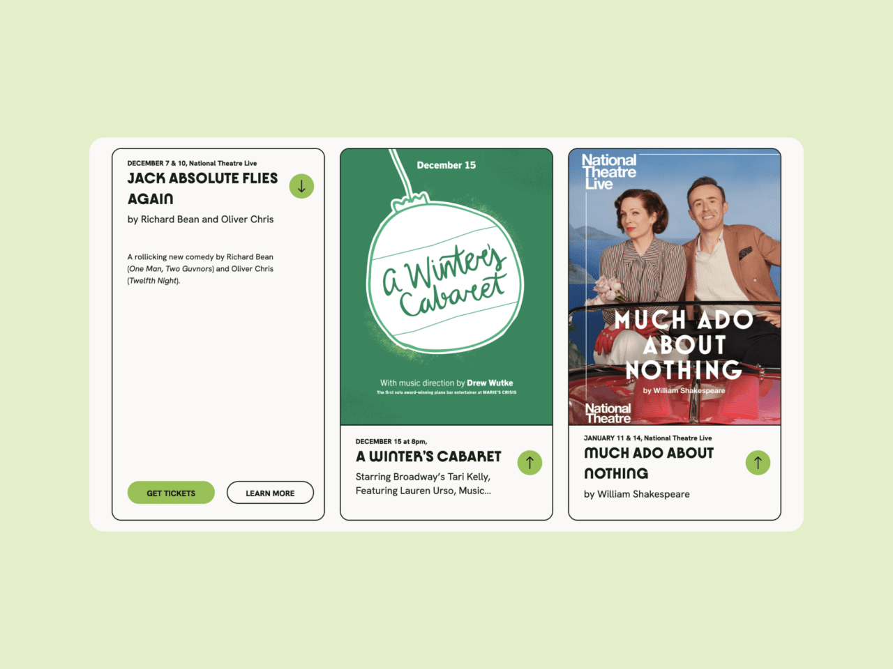 Upcoming shows block design for Amphibian Stage theatre website on desktop