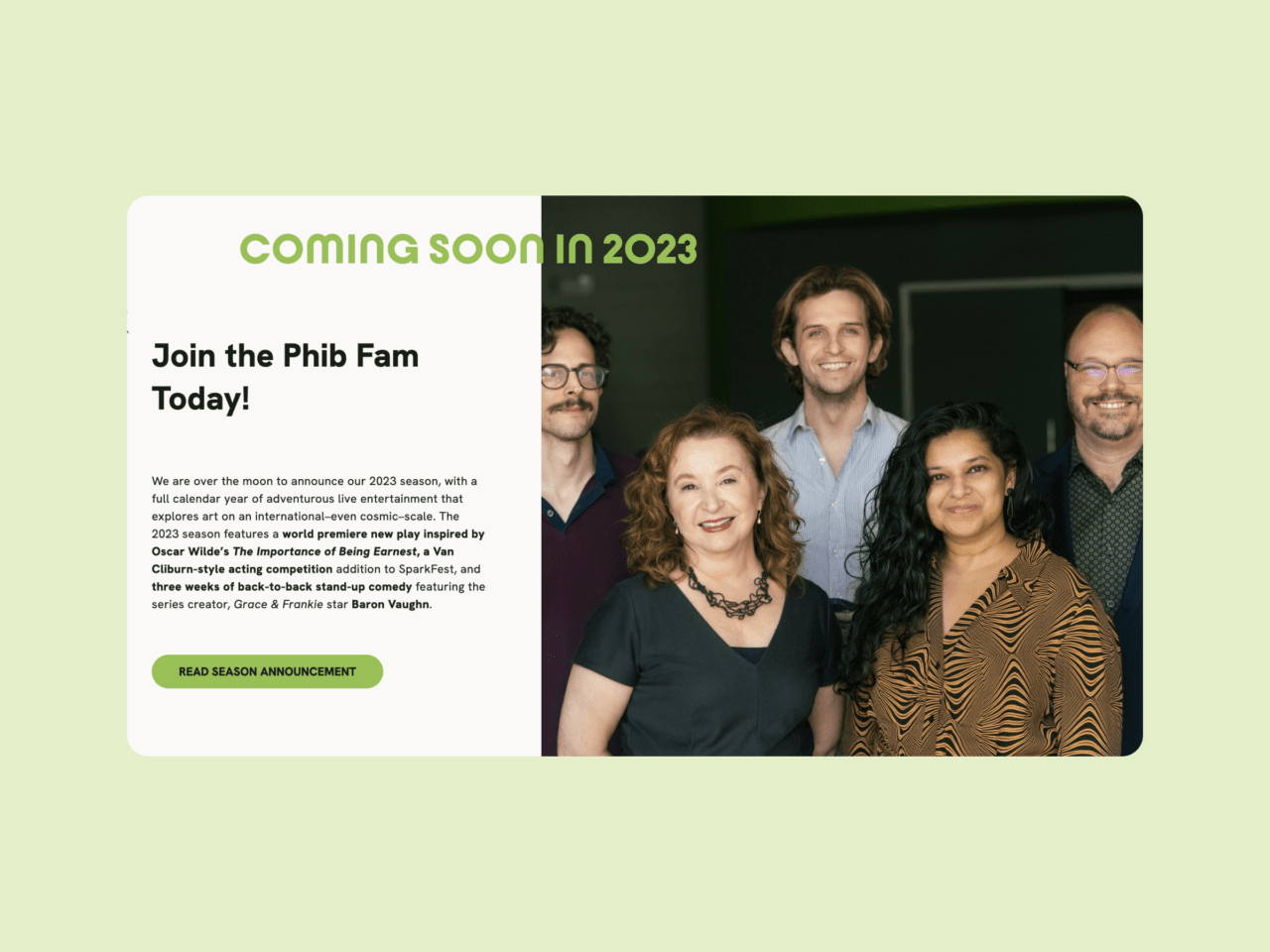 Text and image block design for Amphibian Stage theatre website on desktop