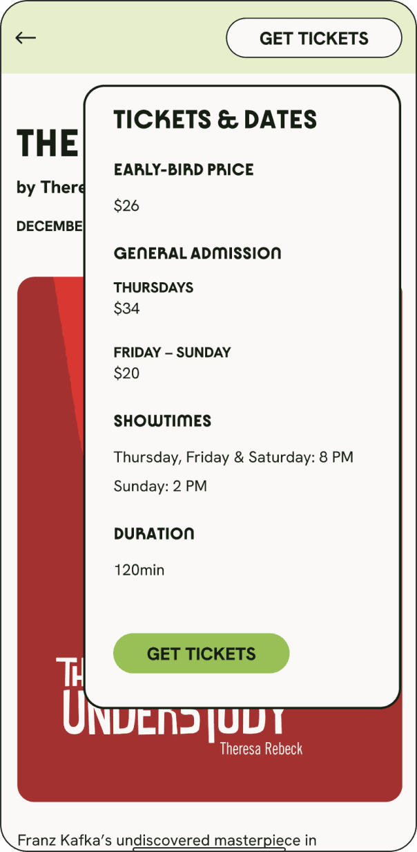Show page of Amphibian Stage threatre website on mobile