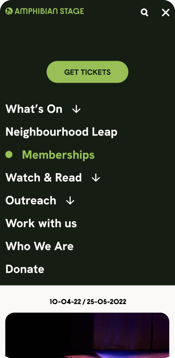 Navigation of Amphibian Stage threatre website on mobile