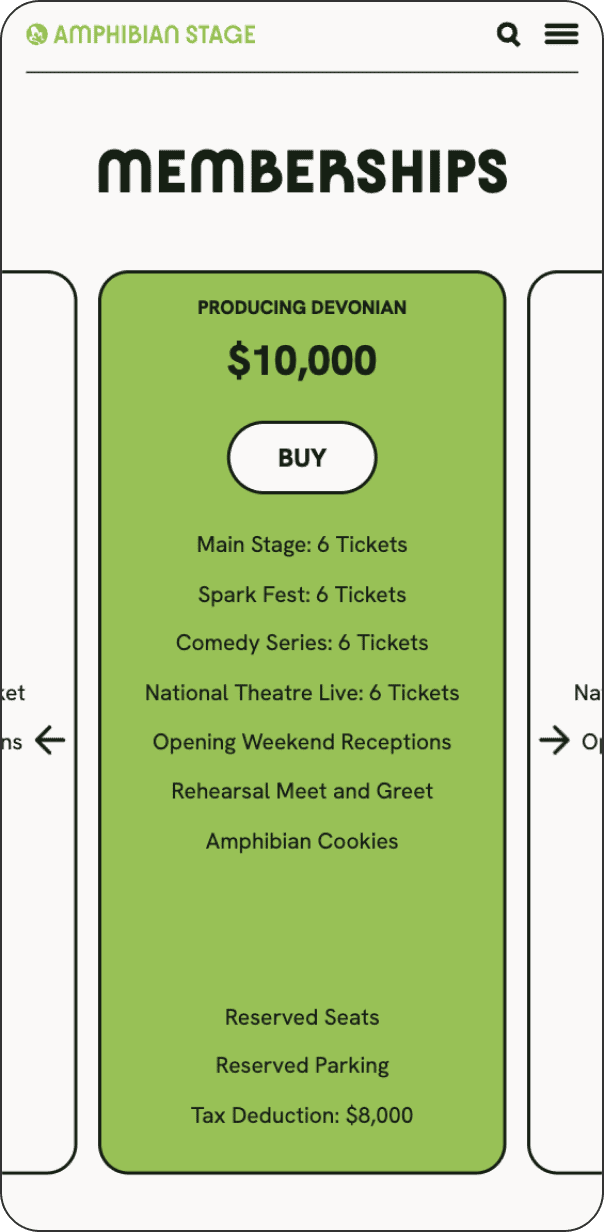 Membership block of Amphibian Stage threatre website on mobile