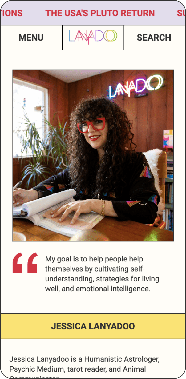 A person with long, curly hair and red glasses sits at a desk, smiling. There is a notebook and a cup in front of them. In the background, a neon sign reads Lanyadoo. Below the image, a quote about self-help and emotional intelligence is visible.