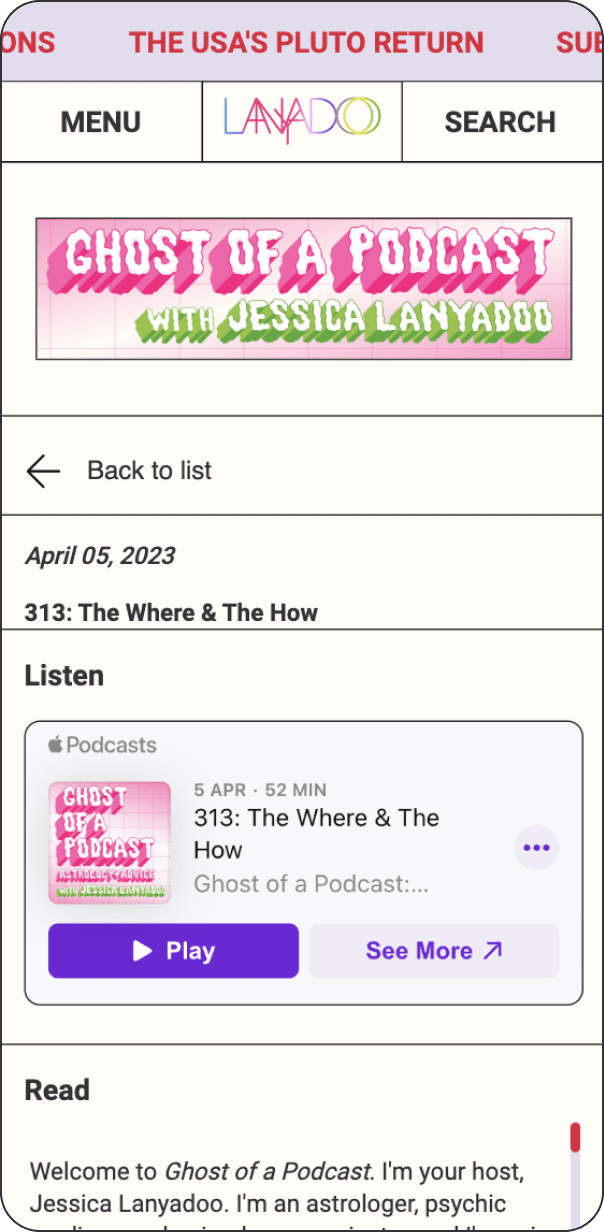 Screenshot showing podcast episode 313: The Where & The How from Ghost of a Podcast with Jessica Lanyadoo, dated 5 April 2023. Features a play button and links for listening and accessing related content.