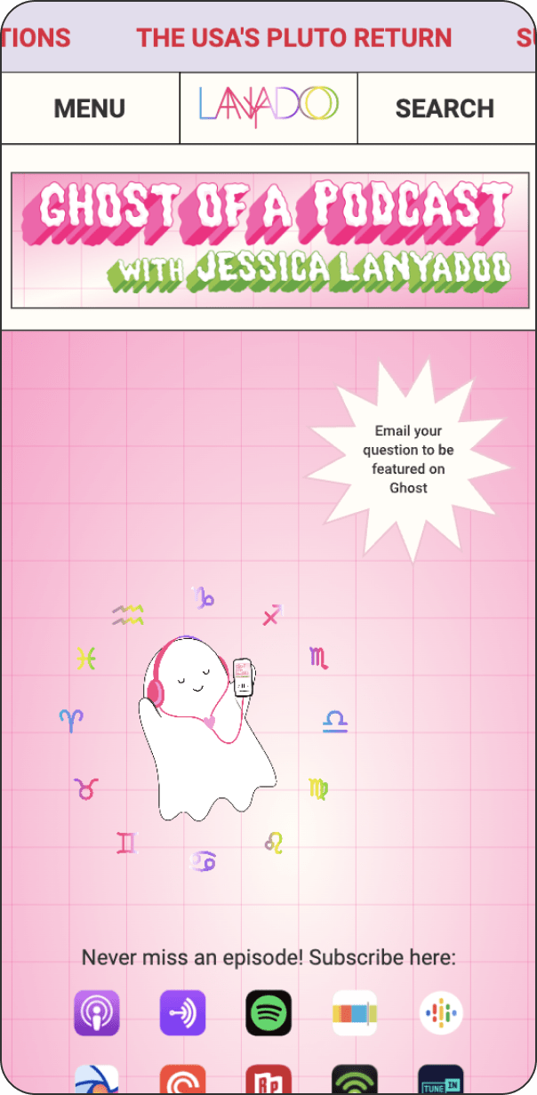 Smartphone screen displaying a pink-themed podcast page for Ghost of a Podcast with Jessica Lanyadoo. An adorable ghost, wearing headphones and holding a phone, is illustrated, surrounded by vibrant icons and patterns. A speech bubble invites listeners to submit questions.