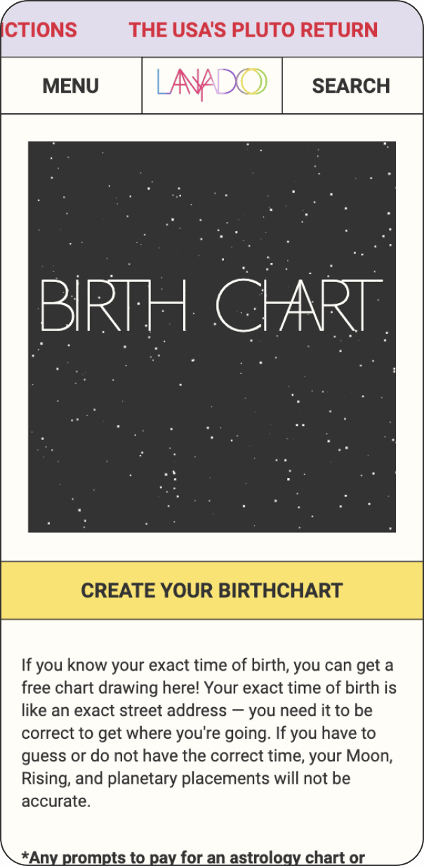 A webpage displaying the words BIRTH CHART in large letters set against a starry sky. Below is a section guiding users on creating their birth chart, highlighting the importance of an exact birth time for precision.