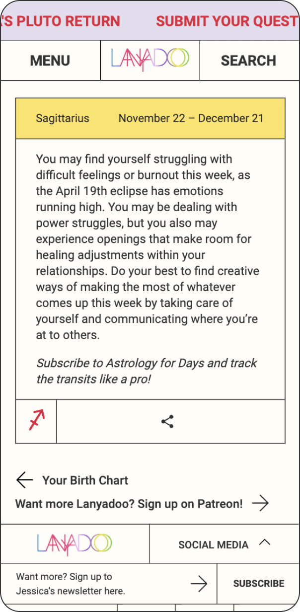 Sagittarius horoscope for November 22 – December 21. Highlights emotional challenges and opportunities for healing with an emphasis on improving communication. Features links to more astrology content and Lanyadoo brand information.