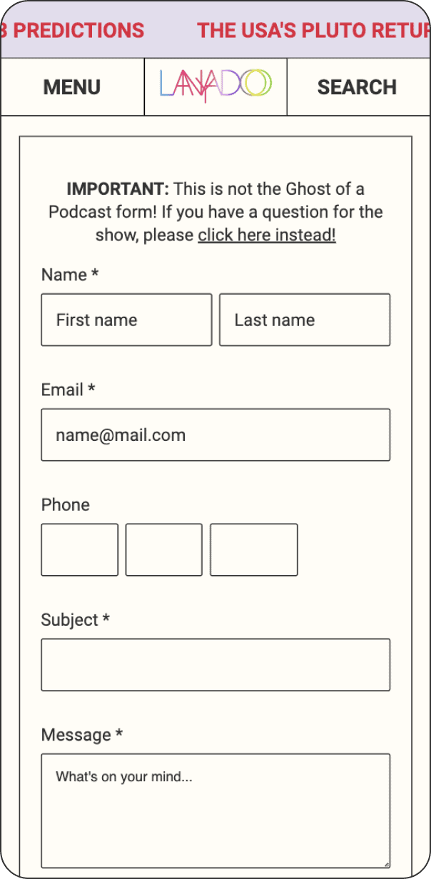 Website contact form displaying fields for name, email, phone number, subject, and message. Notice advises clicking elsewhere for podcast enquiries. Features a menu and search bar at the top.