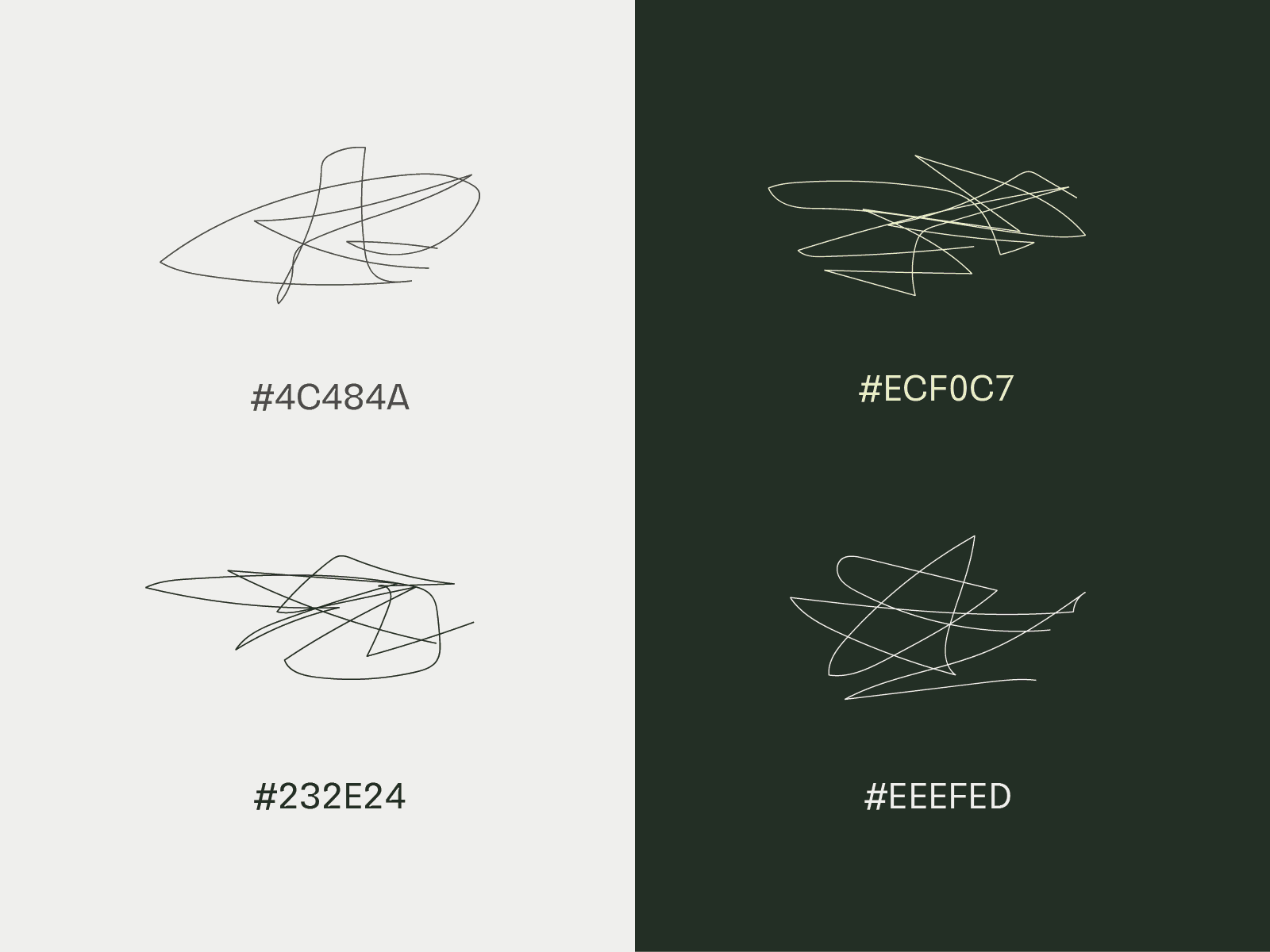 Brand scribbles illustrating the grey and green colour palettes of Emmanuelle Waeckerlés website with hex codes