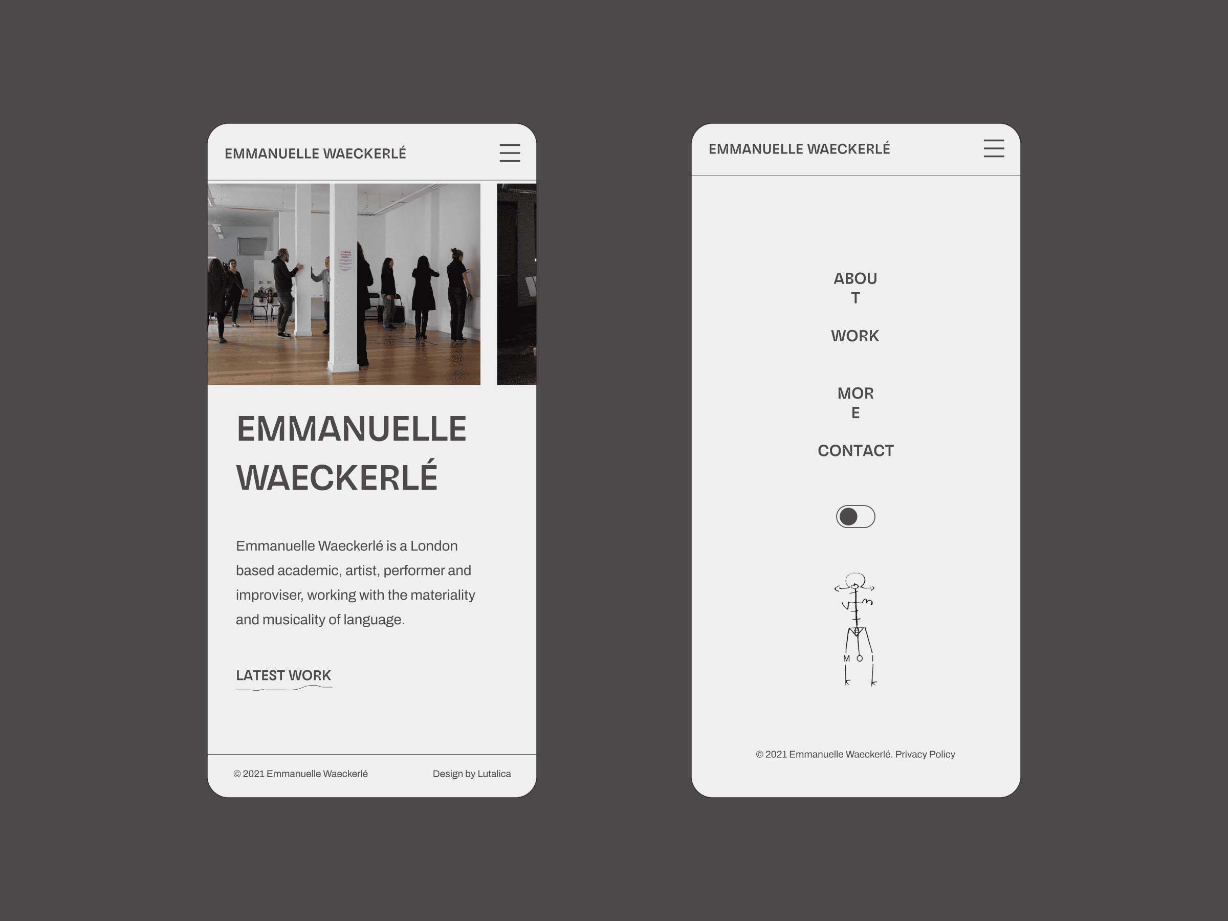 Two smartphones show Emmanuelle Waeckerlé’s minimalist website—left: artist bio with group photo; right: menu and her line drawing.