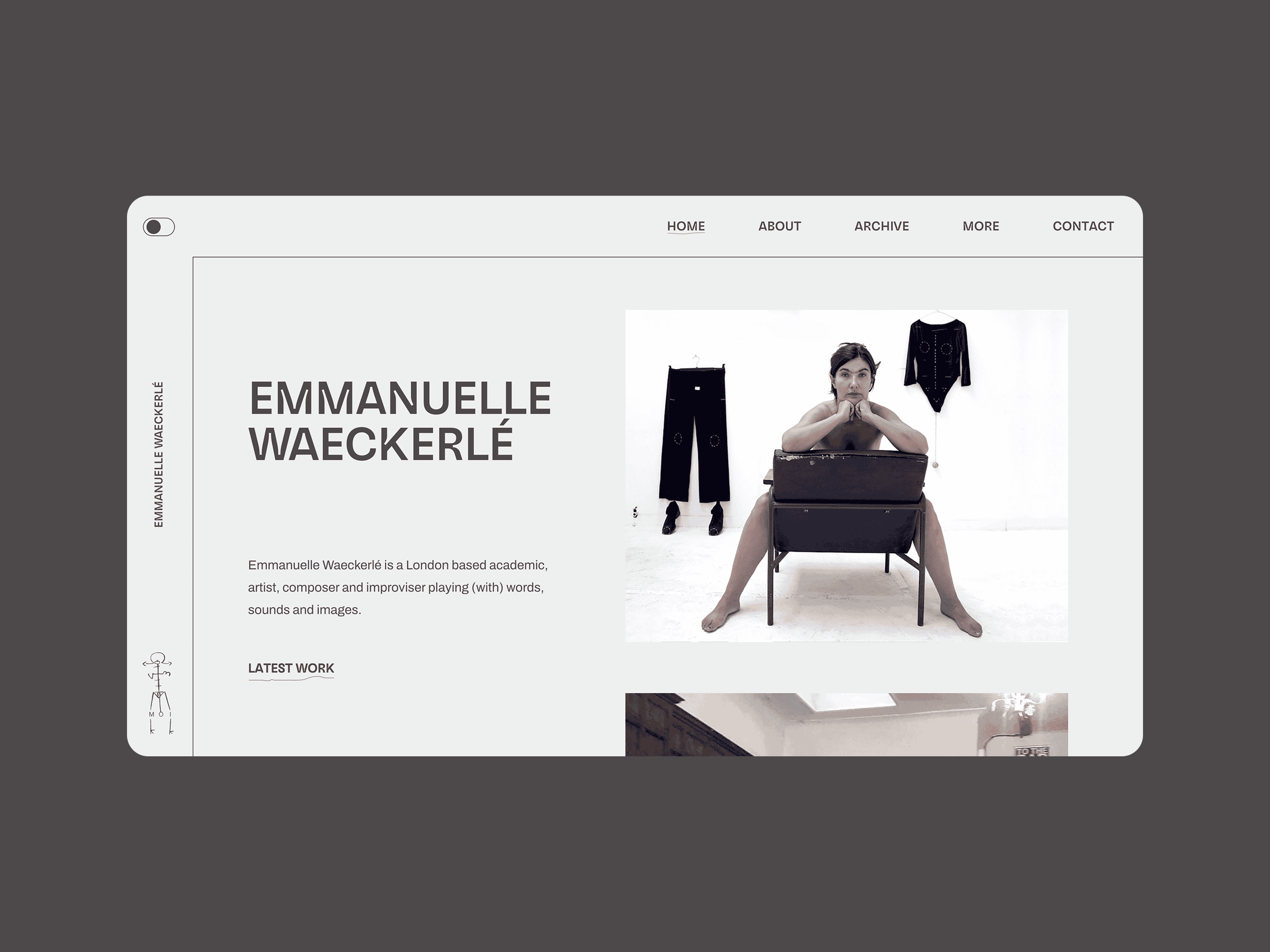 Emmanuelle Waeckerlé’s website screenshot with her portrait in a black chair, minimalist décor, and Home, About, Archive, More, Contact links.