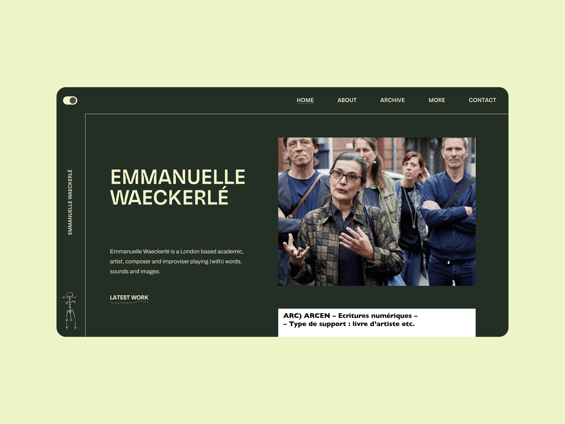 Homepage with Emmanuelle Waeckerlé’s name and bio on the left, photo of her chatting to five people on the right, green background, navigation links at the top.