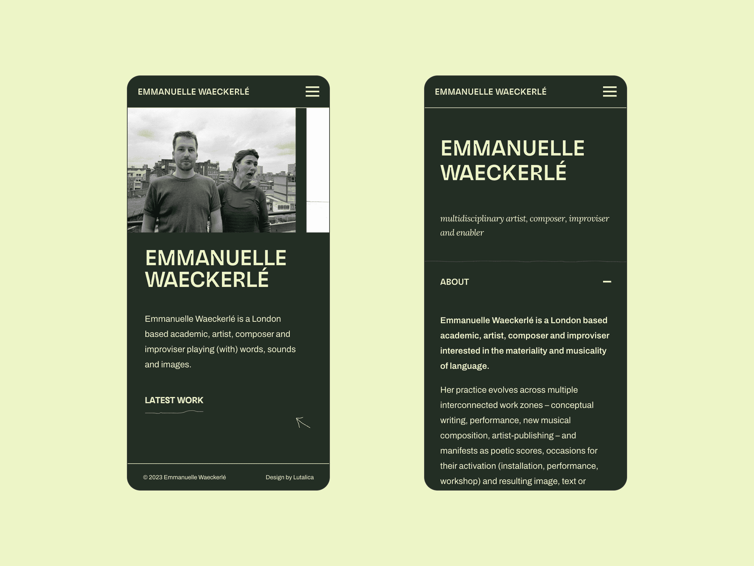 Two mobile screens show Emmanuelle Waeckerlé’s website: left, her photo, name, bio and Latest Work button; right, name and long bio.
