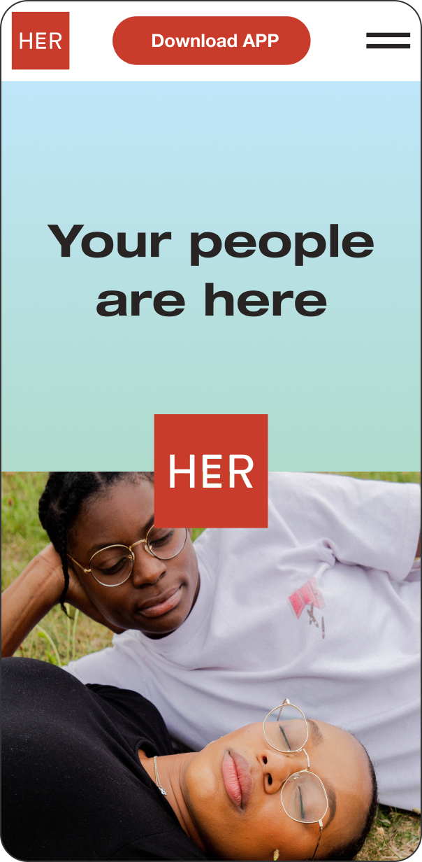 Hero section of the homepage of HER dating app website on mobile