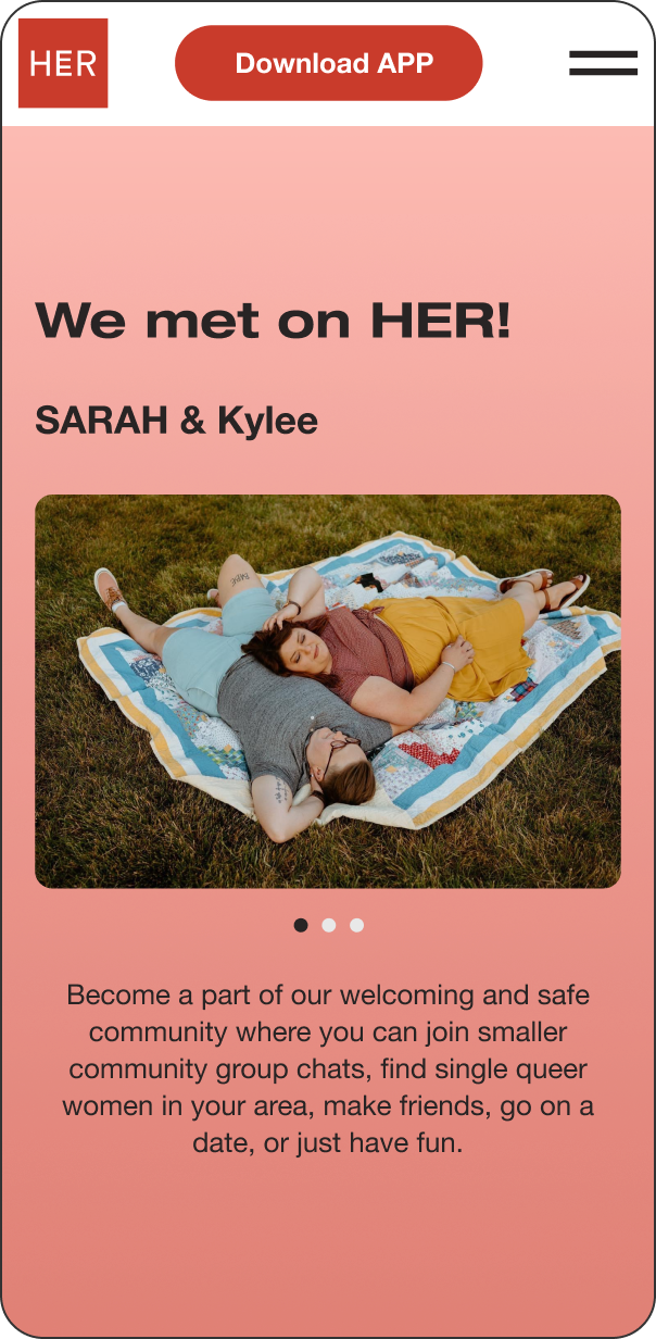 A smiling couple lies on a blanket in a grassy field, holding hands. The background features a red gradient with text promoting an app focused on friendship and dating within the queer community.