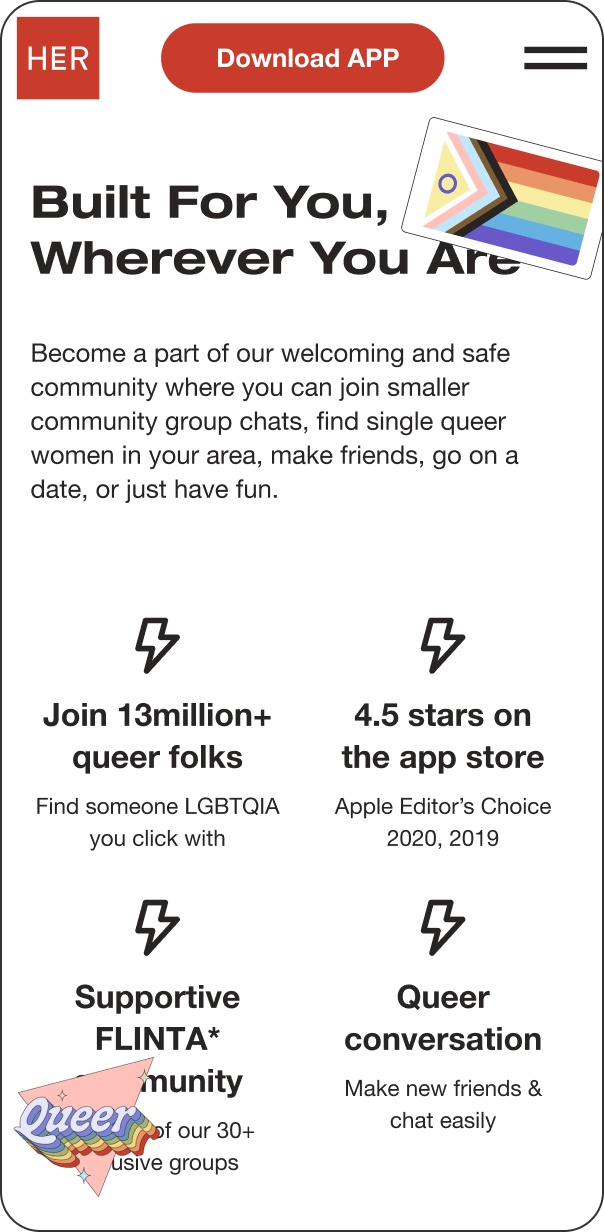 A mobile app advert featuring a download button. Highlights include the ability to join queer-focused group chats, a thriving community of over 13 million users, a 4.5-star rating, support for the FLINTA community, and engaging queer conversations. Stickers display the words HER and Queer.