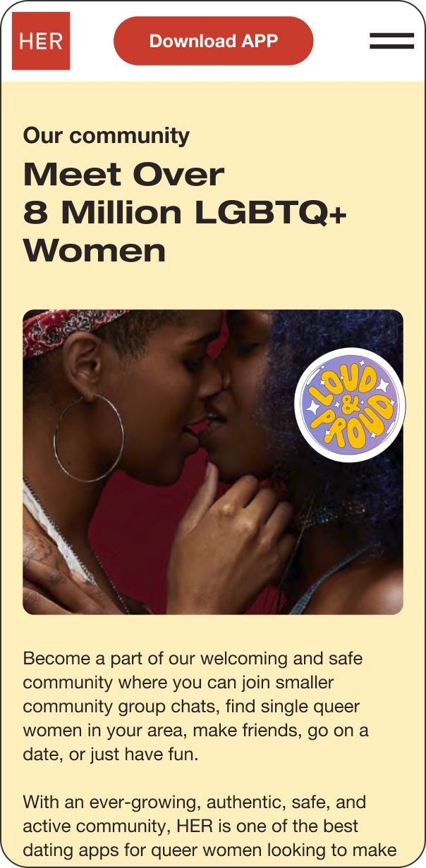 Text and image block of HER dating app website on mobile