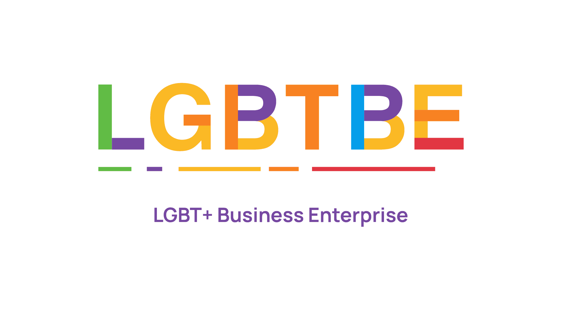 Underlined multicoloured text reads 'LGBTBE'. Underneath is purple text reading 'LGBT+ Business Enterprise'