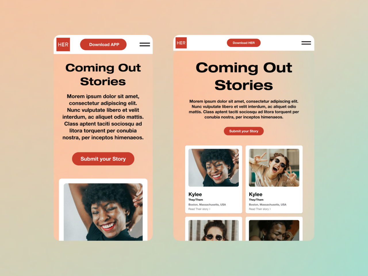 Mobile app interface with two screens. Left screen: Coming Out Stories section featuring a Submit Your Story button. Right screen: identical text and button, plus three small photos titled “Kylee”.