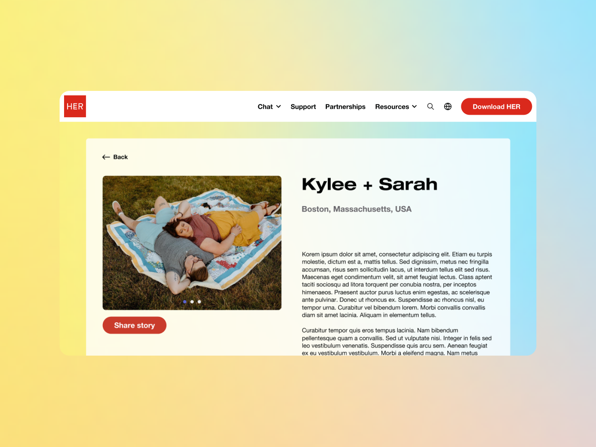 Webpage displaying a couple, titled Kylee + Sarah, relaxing on a blanket outdoors in Boston, Massachusetts. Features sample story text and a Share story button. Sections available for Chat, Support, Partnerships, and Resources.