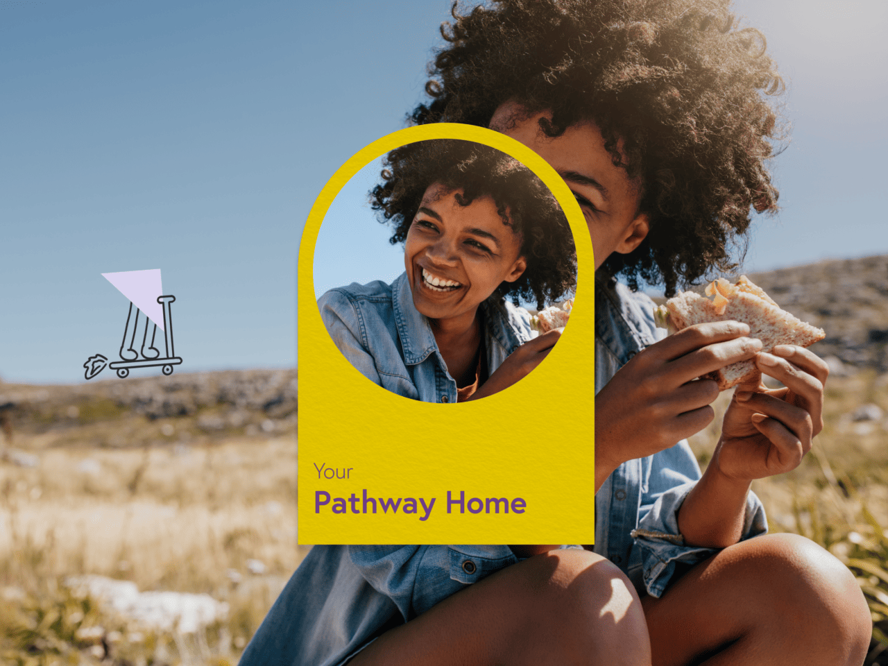 A person with curly hair smiling while enjoying a meal outdoors in a grassy field, accented by a yellow graphic overlay displaying the text Your Pathway Home. A small shopping cart icon is also visible.