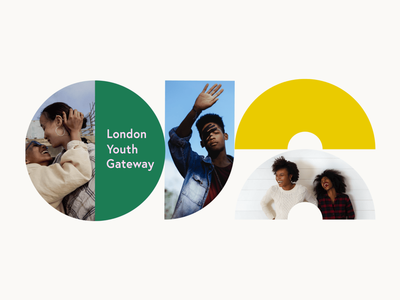 Collage of diverse young people: two hugging, one with a hand raised, and two sharing laughter. The design includes the words London Youth Gateway in a vibrant geometric shape on a white background.