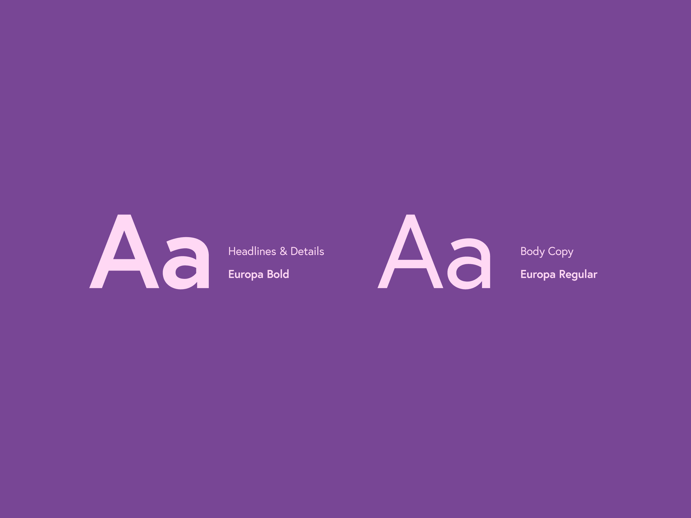Purple background displaying text samples. On the left: Aa in bold, captioned Headlines & Details Europa Bold. On the right: Aa in regular font, captioned Body Copy Europa Regular.