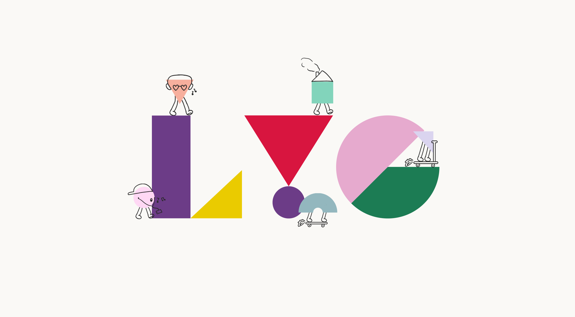 Image displaying stylised letters LVO in a mix of shapes and colours. Simplified figures engaging with the letters: one beneath the L, another perched on top, one standing beside, with others around or near the letters. Background is light grey.