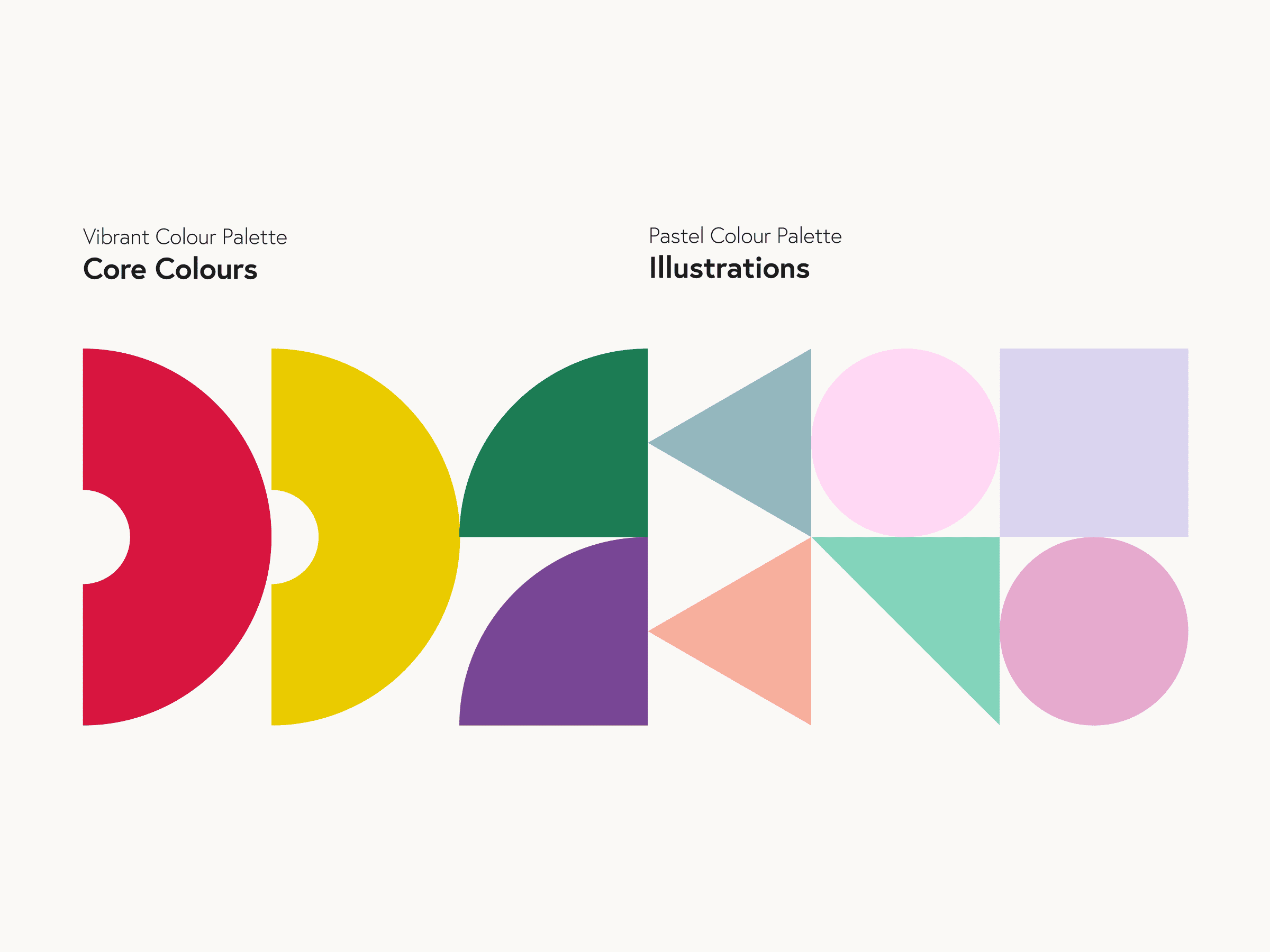 A playful assortment of colourful shapes displays two design palettes. On the left, Core Colours featuring vibrant red, yellow, purple, and green. On the right, Illustrations showcasing pastel blue, pink, purple, green and orange.