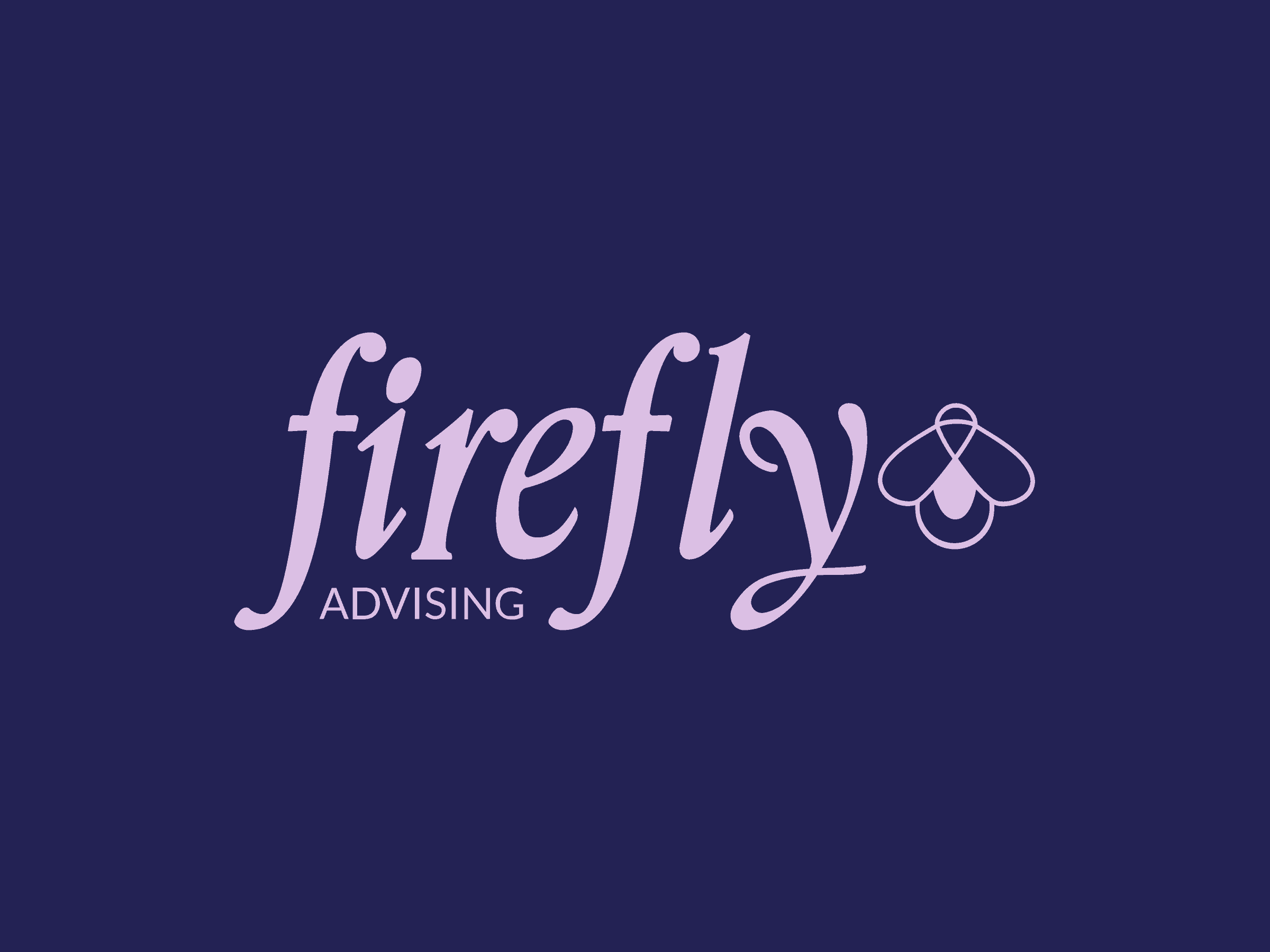 Pale purple text reads 'Firefly Advising' next to an outline of a firefly on a navy blue background