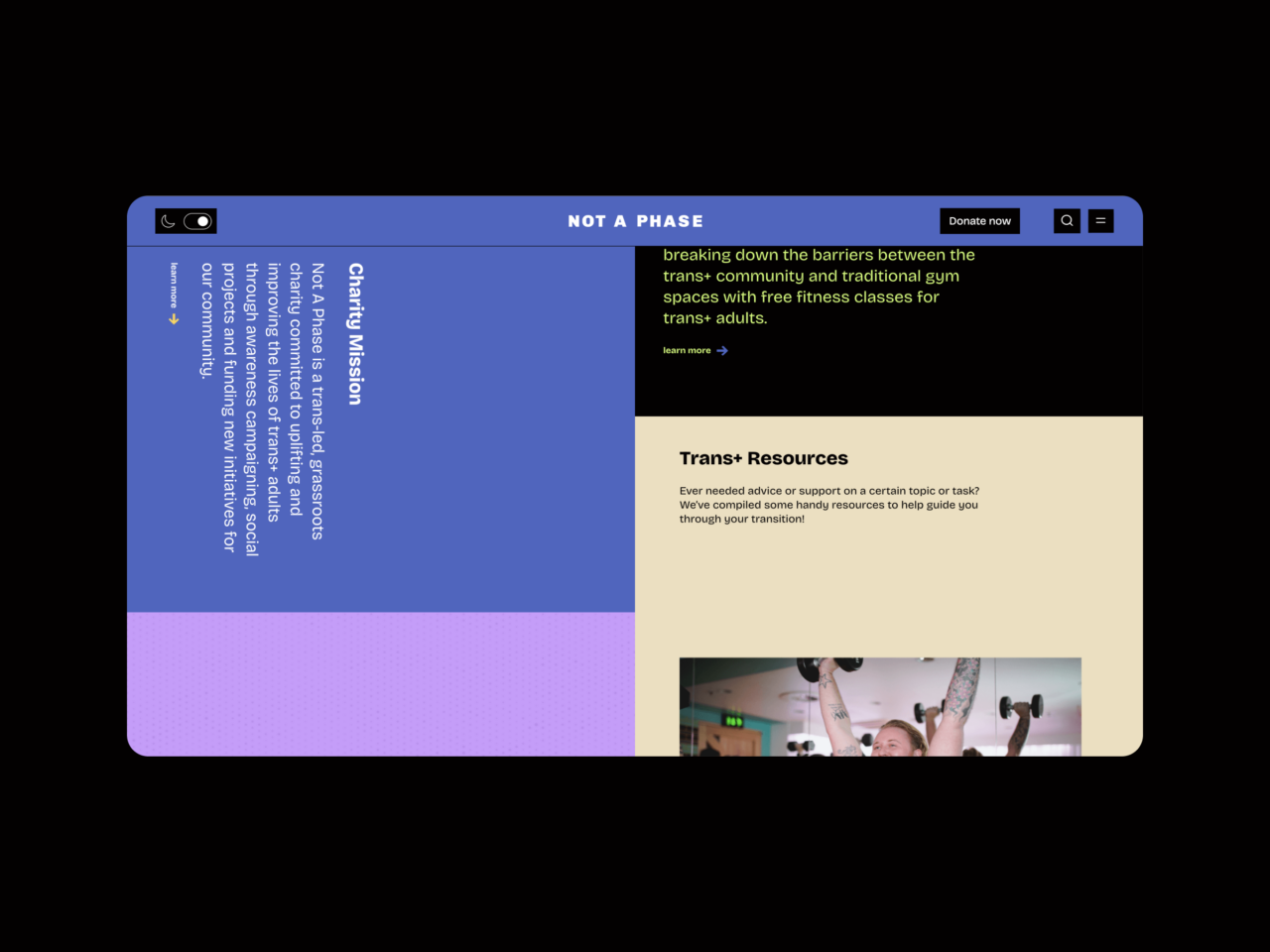 Webpage showing Not A Phase with sections on community mission and trans resources. Features text blocks and an image of a person weightlifting. Design incorporates purple, yellow, and beige colours.