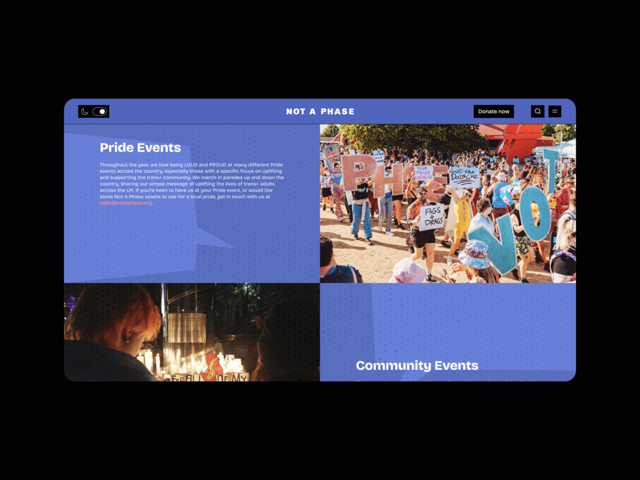 A webpage header reads Not a Phase. It features two sections: Pride Events with a photo showing people holding rainbow letters and signs, and Community Events displaying a partially visible image with text.