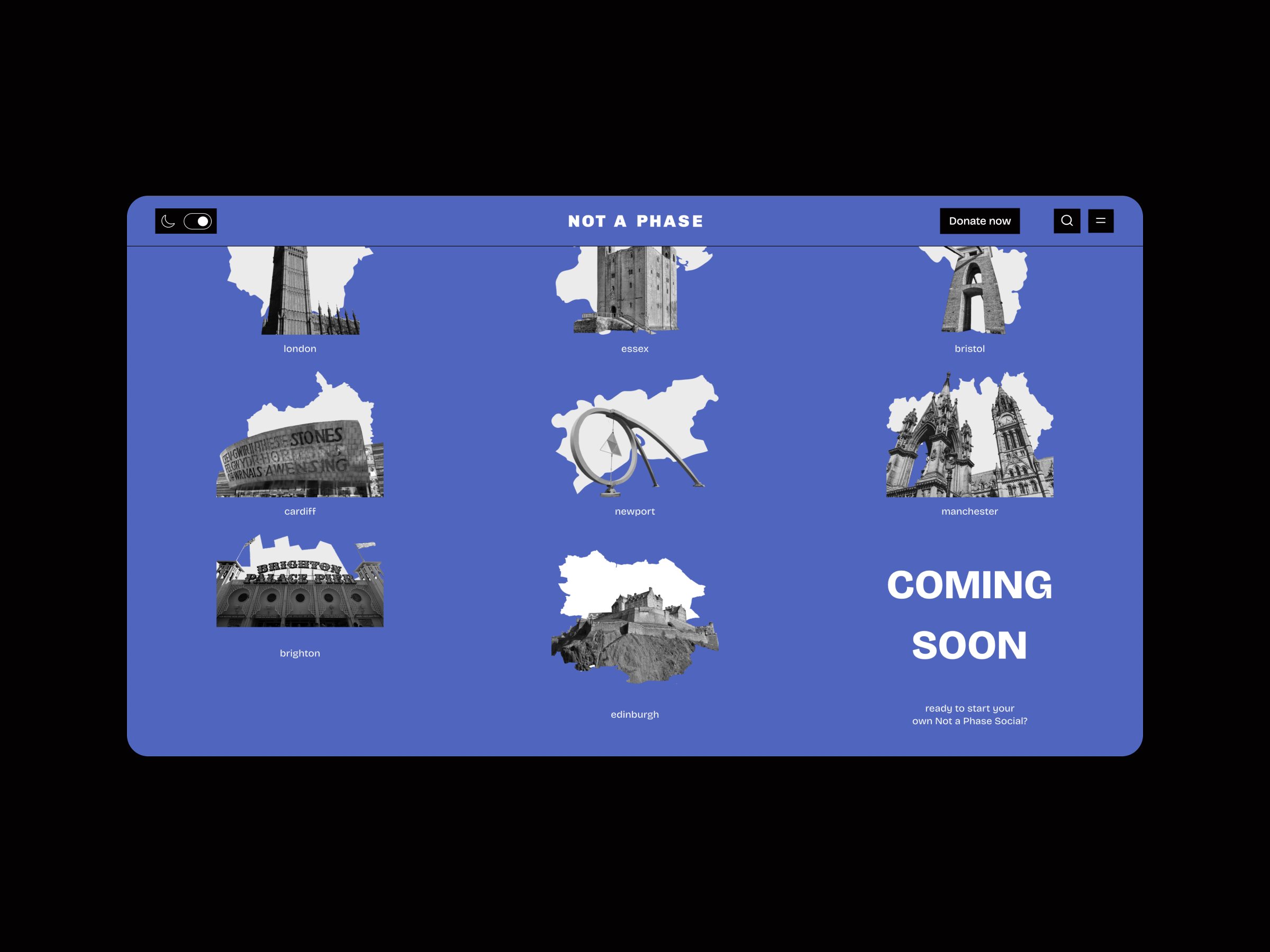 Image of a blue webpage displaying outlines of major UK cities with their iconic landmarks, including London, Essex, Bristol, Cardiff, Newport, Manchester, Brighton, and Edinburgh. The phrase COMING SOON appears in white on the right side. A Donate now button is situated at the top right corner.