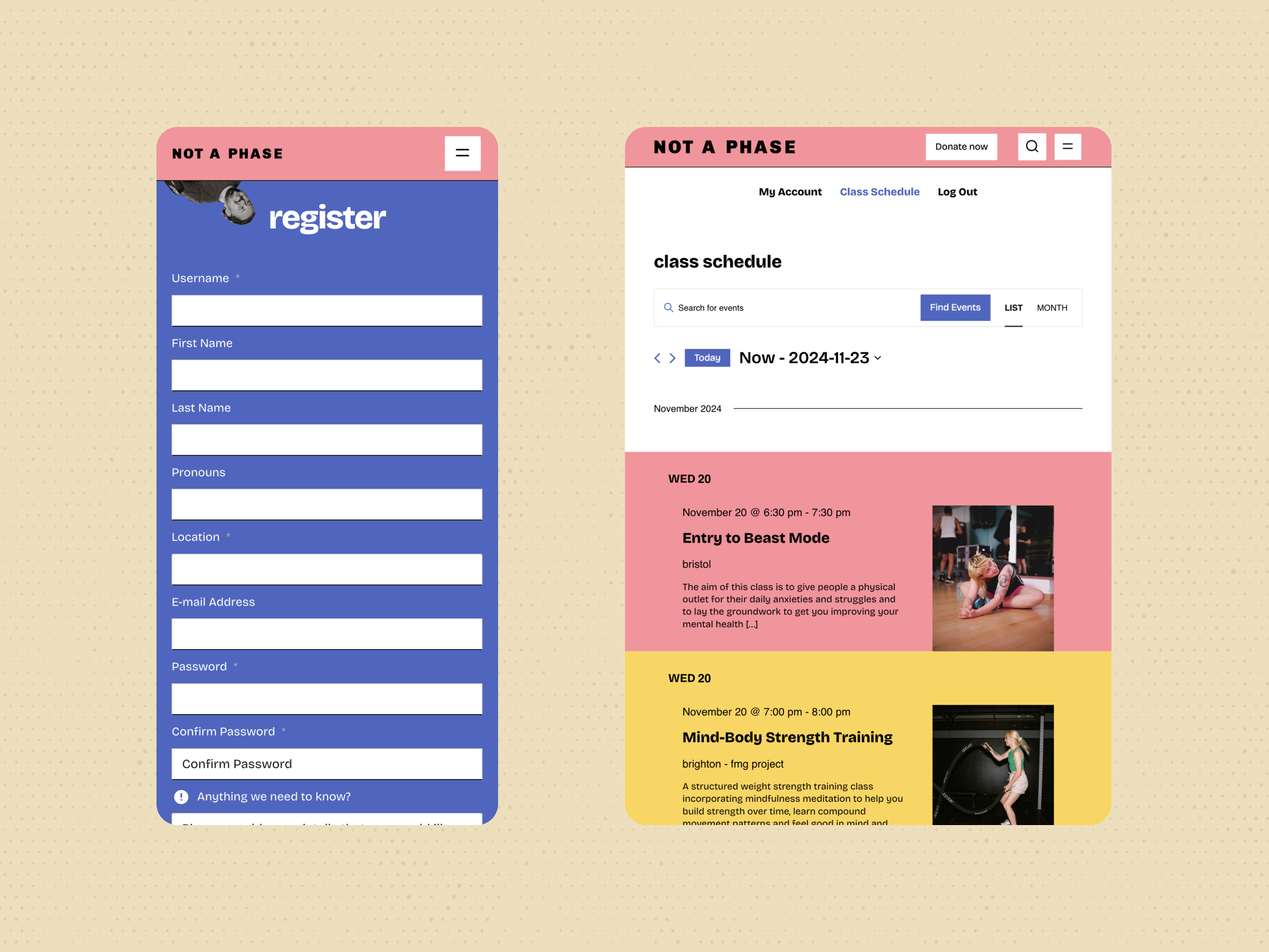 Website screenshot featuring two sections: on the left, a registration form with fields for user info; on the right, a class schedule page showcasing two classes with images, dates, and times.