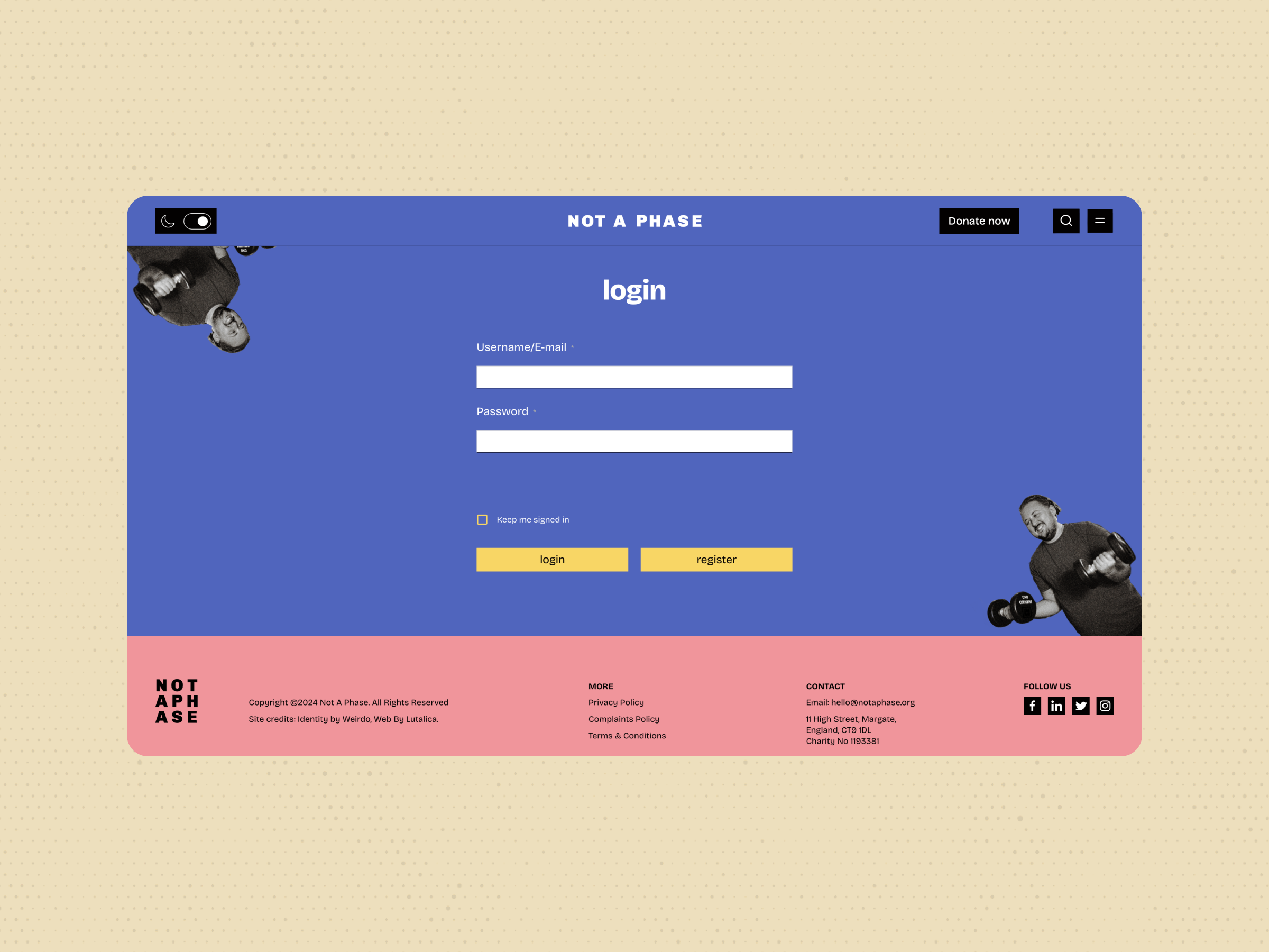 Login page featuring a blue background at the top transitioning to pink at the bottom. Two floating, mirrored images show a person lifting a dumbbell. White text fields for Username/Email and Password are centred, with login and register buttons below.