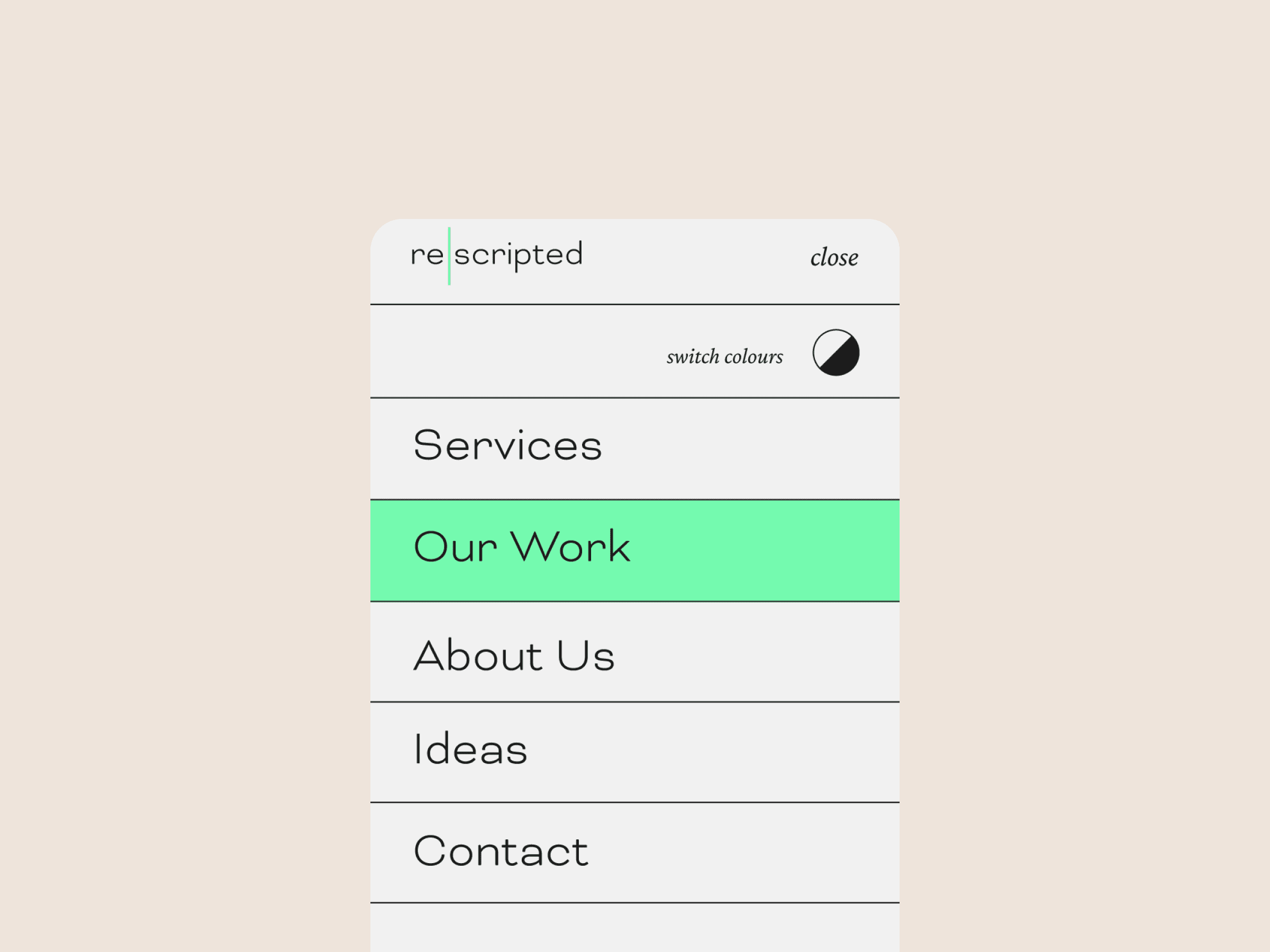 Menu on re|scripted website on mobile