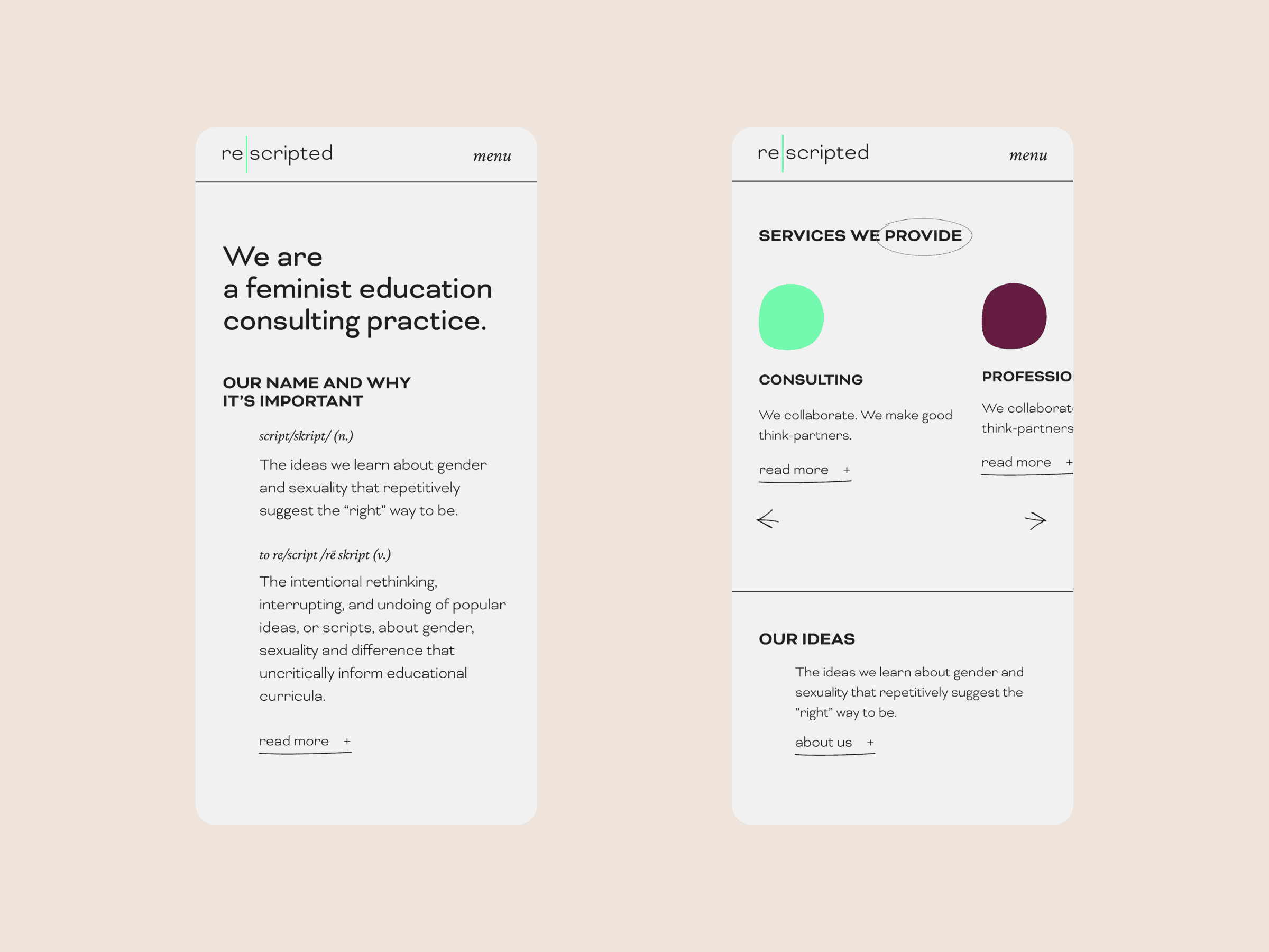 Homepage on re|scripted website on mobile