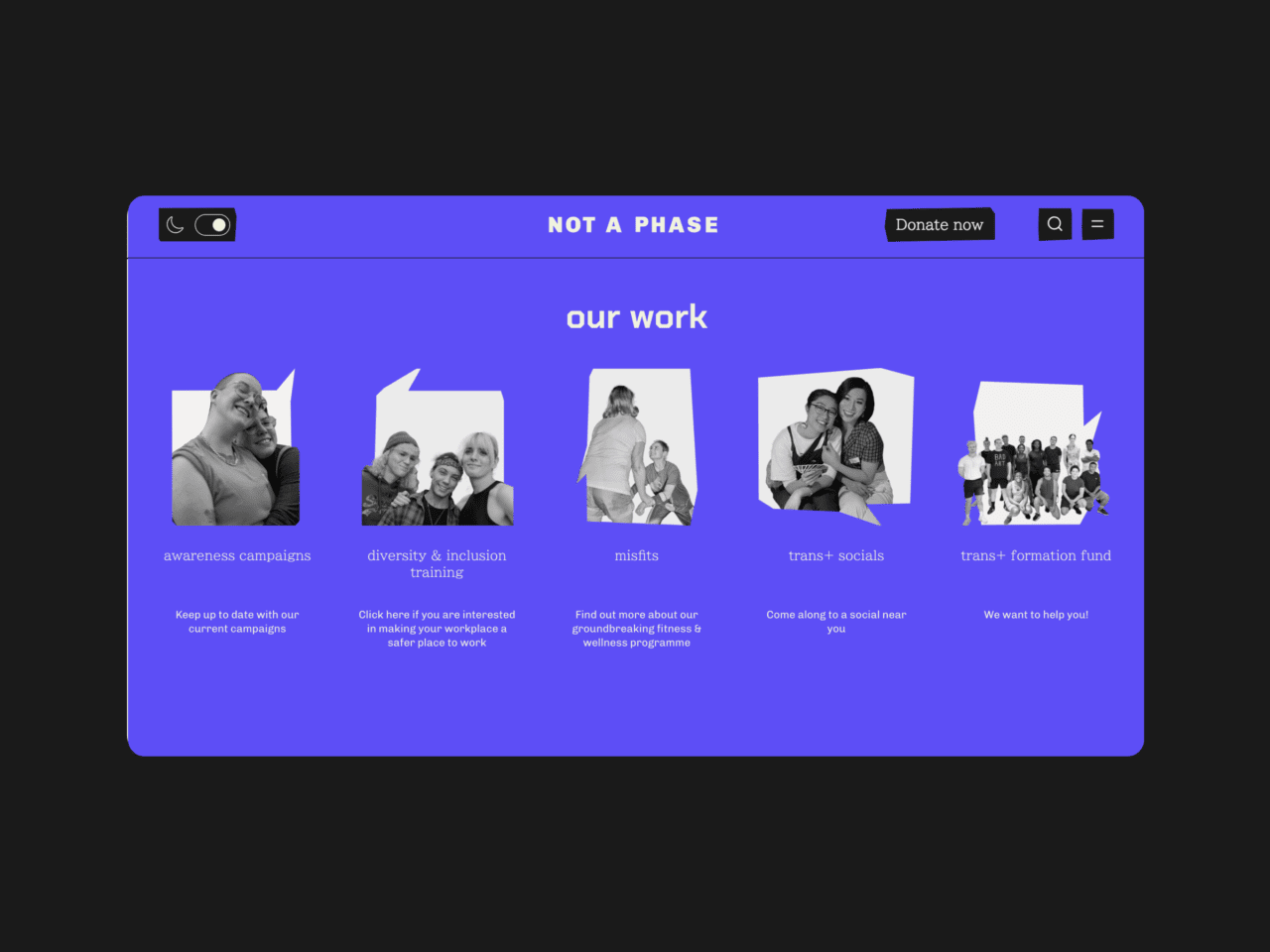 Dark mode our work page of Not A Phase website on desktop
