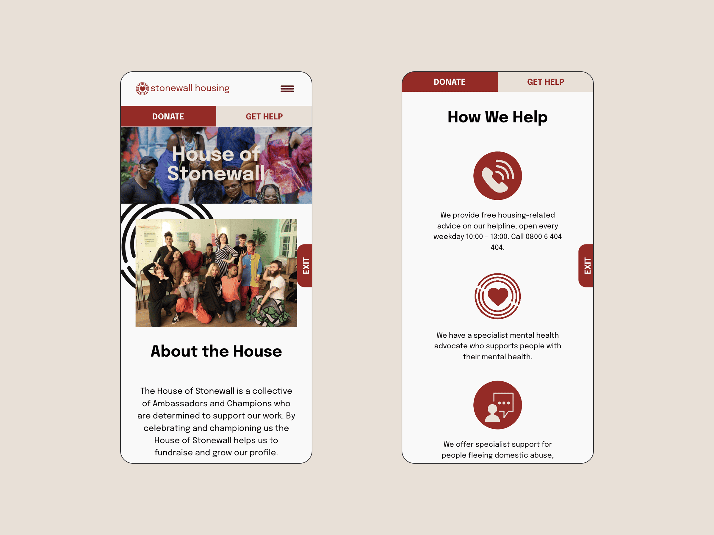 Two mobile screens display the Stonewall Housing site: first shows group photo intro, second spotlights LGBTQ+ housing support icons.