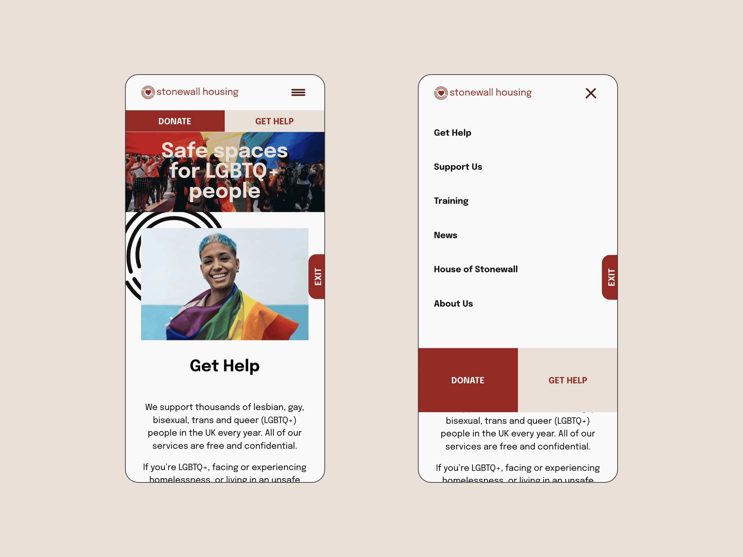 Two mobile screens show Stonewall Housing’s site: one has a Get Help page with a person in a rainbow flag, the other shows housing menu.